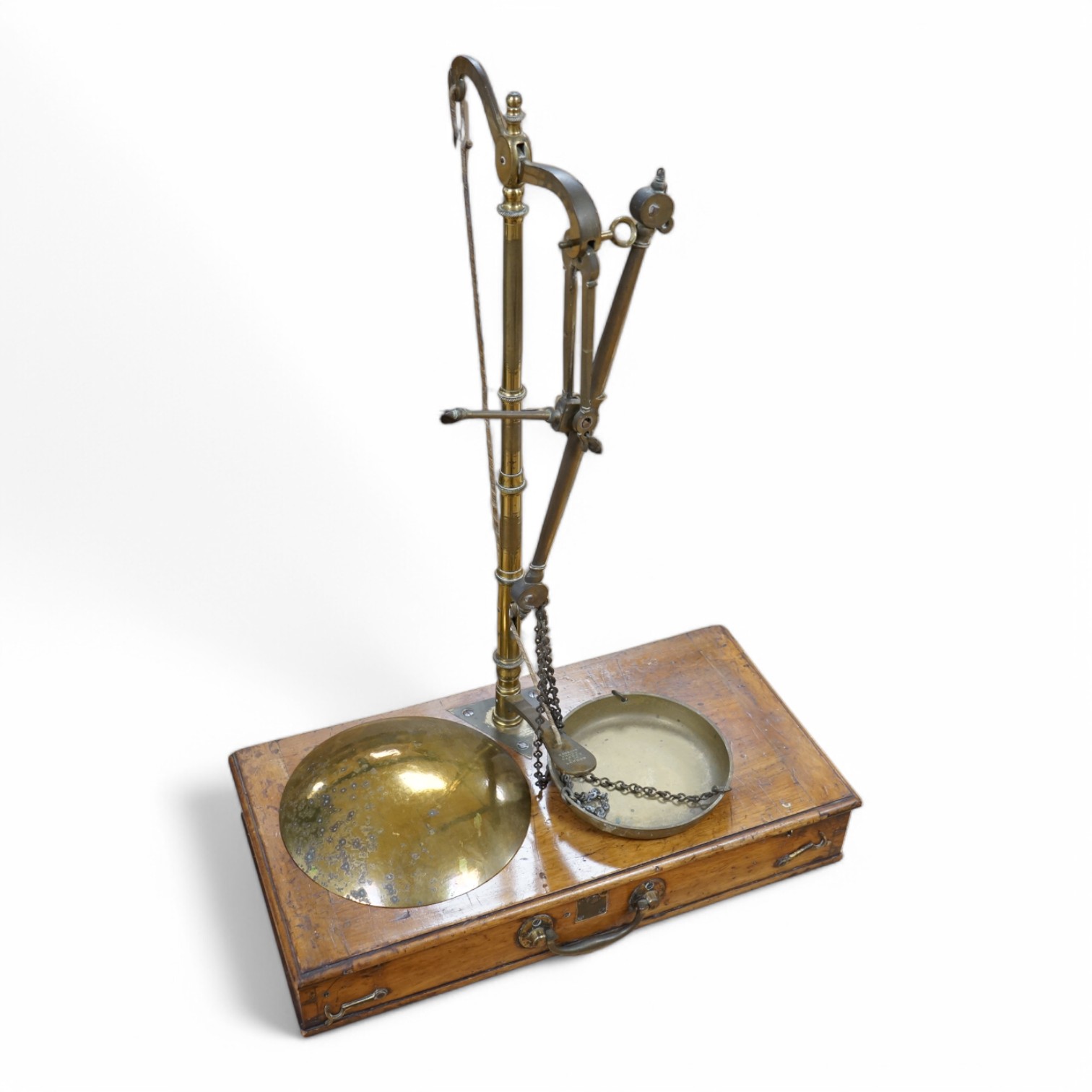 A set of Victorian brass balance scales, Degrave, Short Fanner & Co. London, 67cm high. Condition - fair